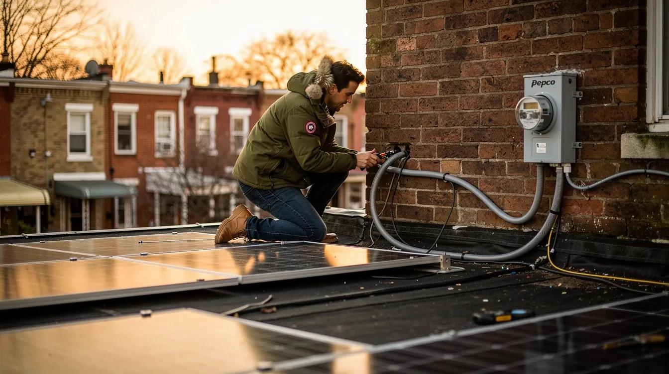 Solar panels installed on a DC row house roof with visible electrical conduit and Pepco meter — solar installation hidden costs context