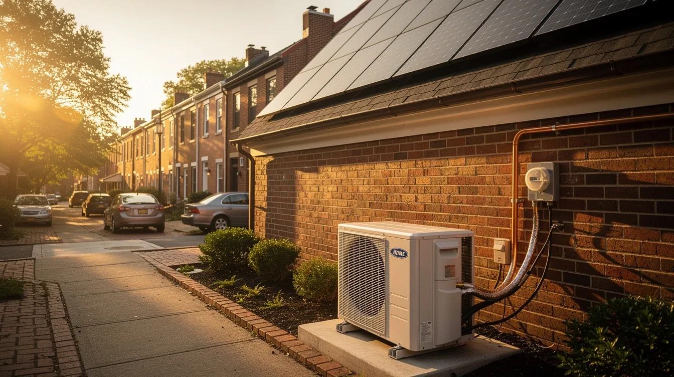 Heat pump outdoor unit installed beside a DC rowhouse with solar panels visible on the roof