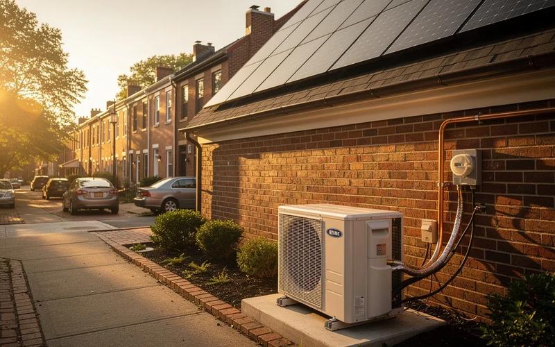 Heat pump outdoor unit installed beside a DC rowhouse with solar panels visible on the roof
