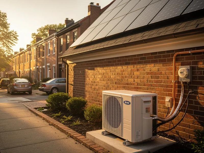 Heat pump outdoor unit installed beside a DC rowhouse with solar panels visible on the roof