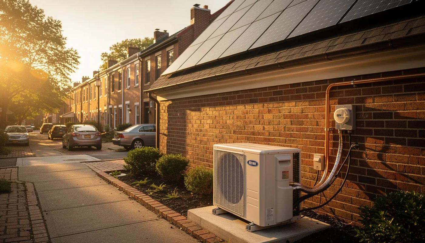 Heat pump outdoor unit installed beside a DC rowhouse with solar panels visible on the roof