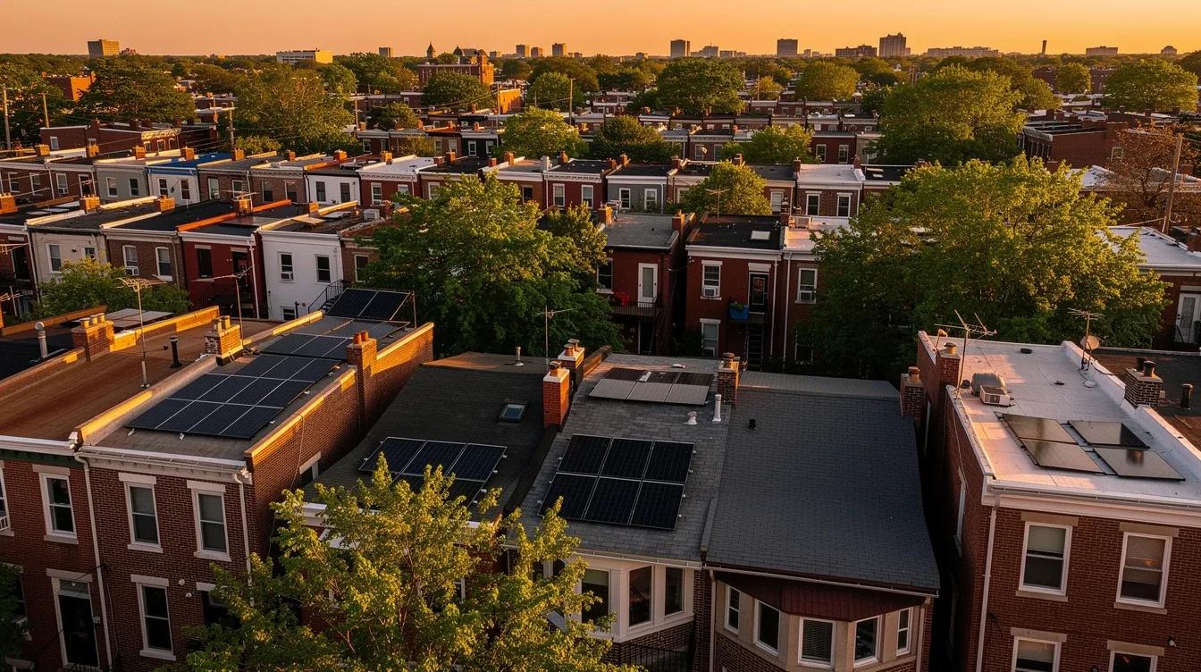 Solar panels on Columbia Heights DC row house rooftops along a tree-lined street