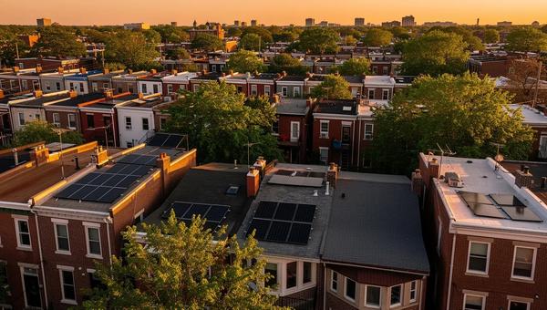 Solar panels on Columbia Heights DC row house rooftops along a tree-lined street