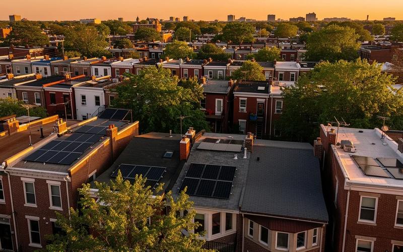 Solar panels on Columbia Heights DC row house rooftops along a tree-lined street