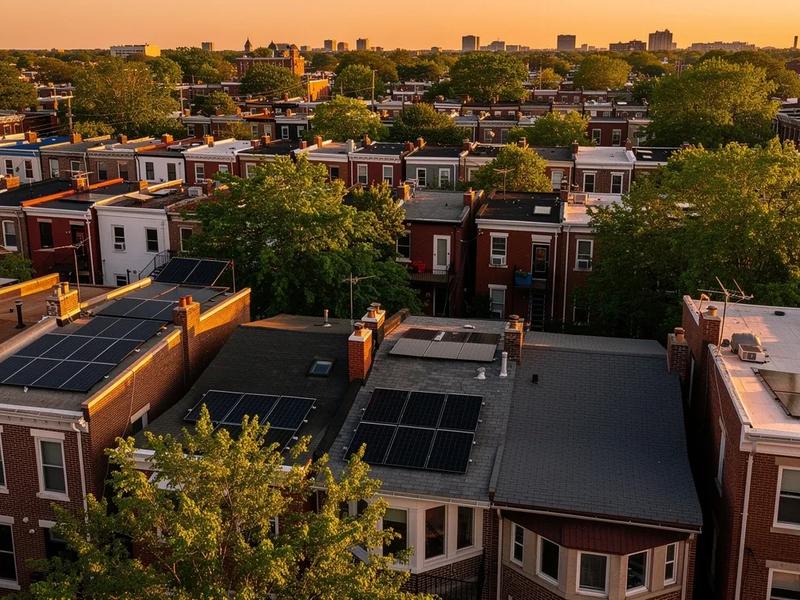 Solar panels on Columbia Heights DC row house rooftops along a tree-lined street