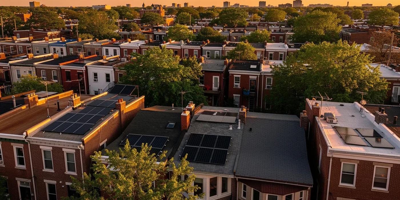 Solar panels on Columbia Heights DC row house rooftops along a tree-lined street