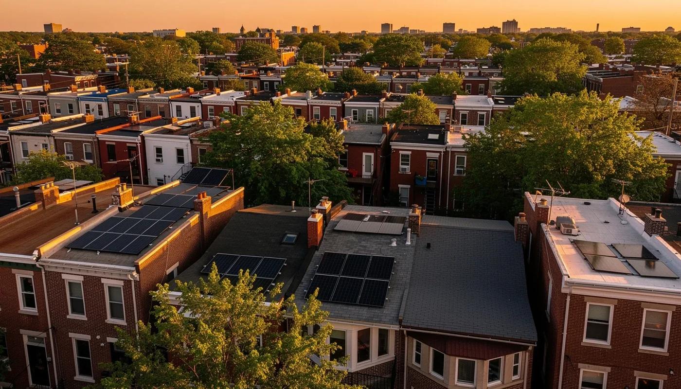 Solar panels on Columbia Heights DC row house rooftops along a tree-lined street