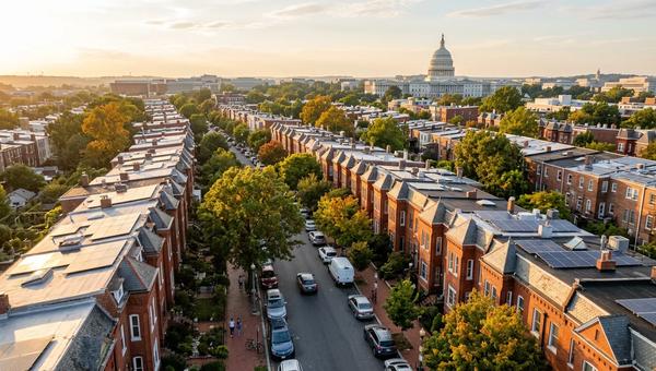 Solar panels installed on a Washington DC row house rooftop