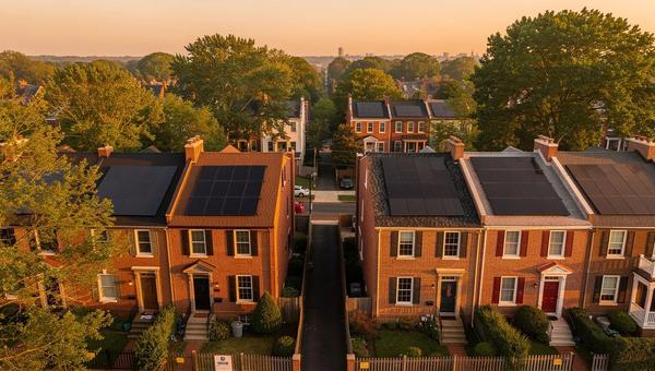 Solar panels on the south-facing rear roof of a red brick Petworth row house in Washington DC