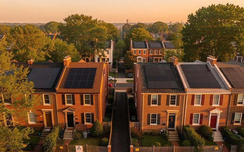 Solar panels on the south-facing rear roof of a red brick Petworth row house in Washington DC