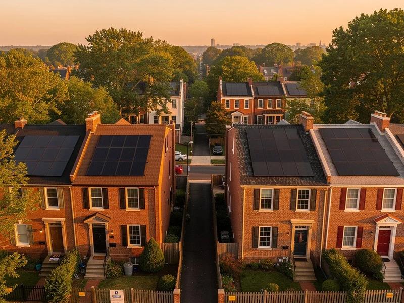 Solar panels on the south-facing rear roof of a red brick Petworth row house in Washington DC