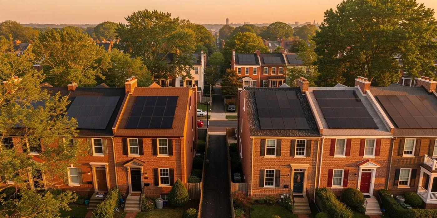 Solar panels on the south-facing rear roof of a red brick Petworth row house in Washington DC