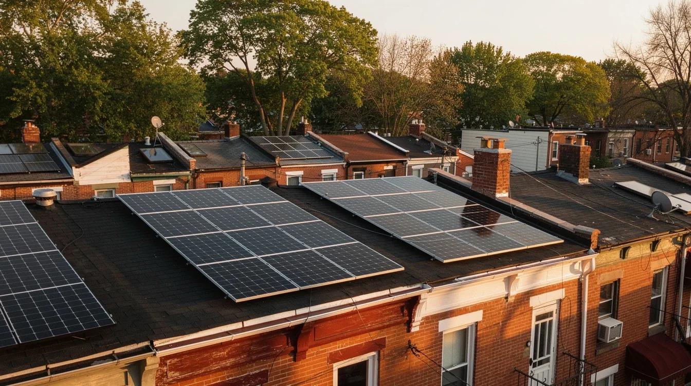 Rooftop solar panels on a DC row house with the Capitol dome visible in the background, illustrating solar carbon offset in Washington DC