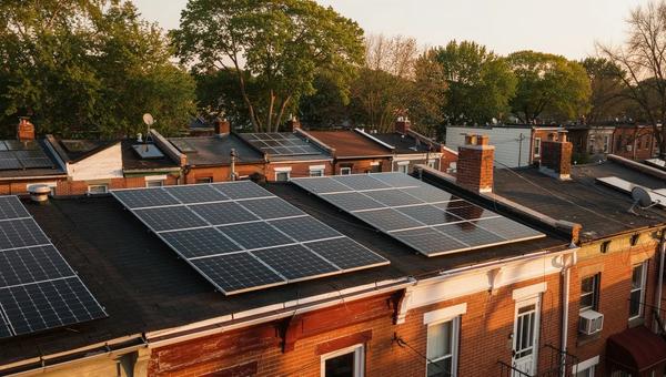 Rooftop solar panels on a DC row house with the Capitol dome visible in the background, illustrating solar carbon offset in Washington DC