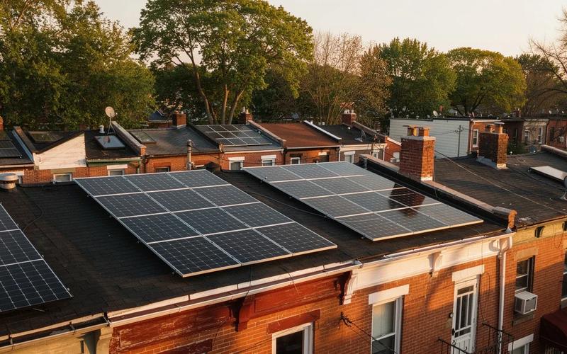 Rooftop solar panels on a DC row house with the Capitol dome visible in the background, illustrating solar carbon offset in Washington DC