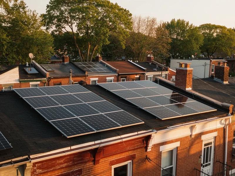 Rooftop solar panels on a DC row house with the Capitol dome visible in the background, illustrating solar carbon offset in Washington DC