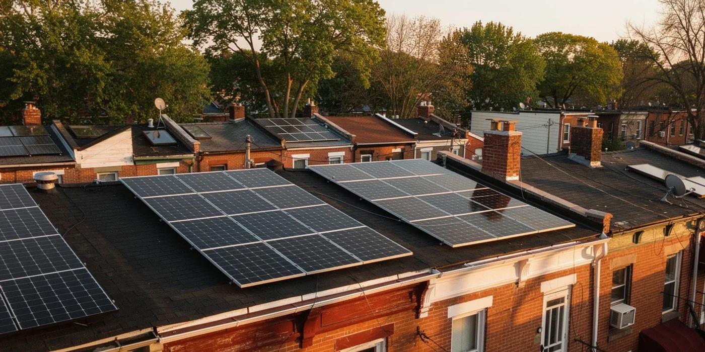 Rooftop solar panels on a DC row house with the Capitol dome visible in the background, illustrating solar carbon offset in Washington DC