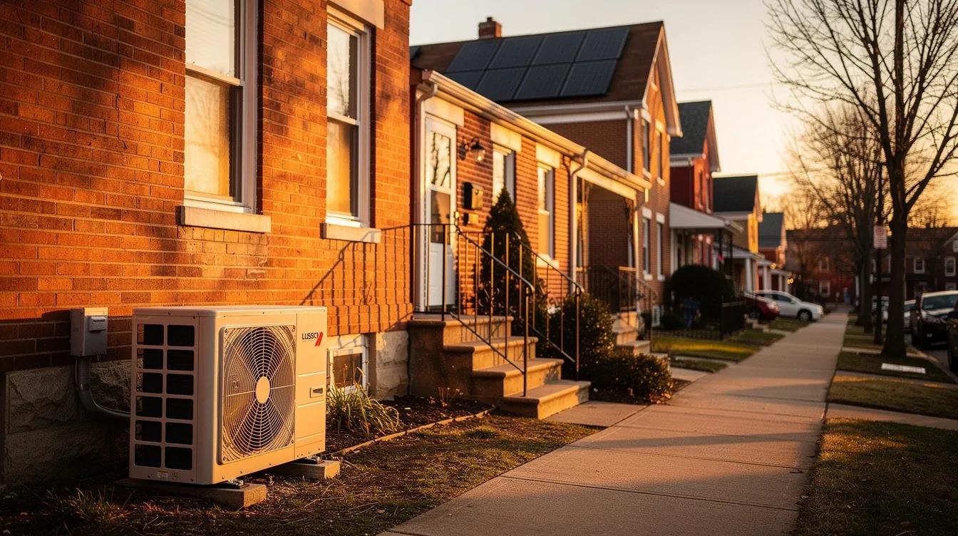 DC row house with heat pump outdoor unit and solar panels on roof — home electrification and appliance rebates in Washington DC