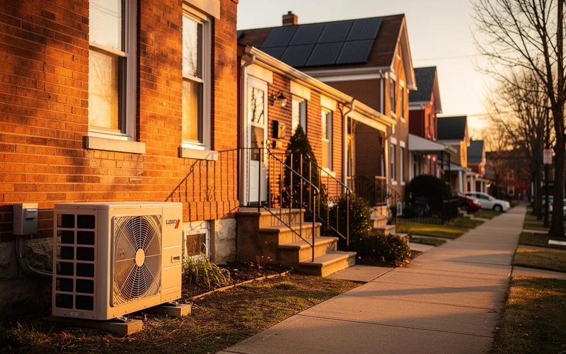 DC row house with heat pump outdoor unit and solar panels on roof — home electrification and appliance rebates in Washington DC