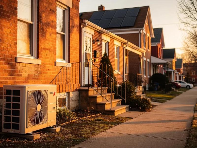 DC row house with heat pump outdoor unit and solar panels on roof — home electrification and appliance rebates in Washington DC