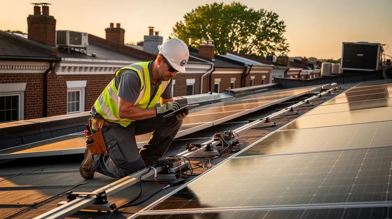 Solar panels on a DC row house rooftop requiring annual maintenance and cleaning