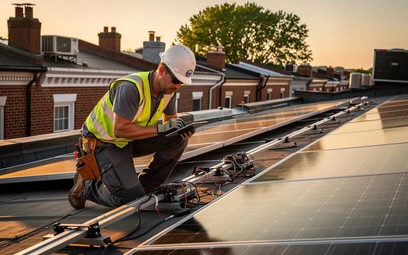 Solar panels on a DC row house rooftop requiring annual maintenance and cleaning