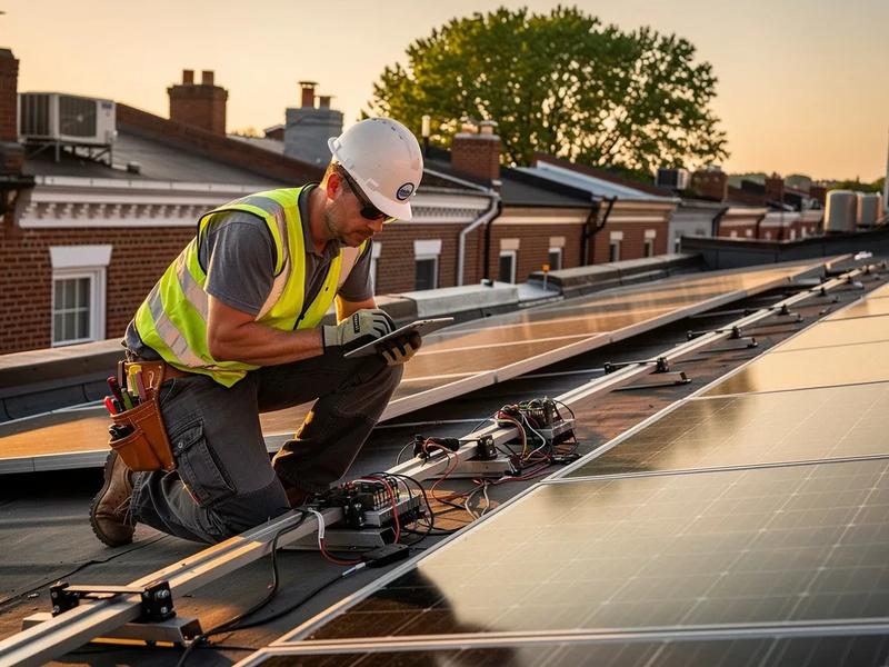 Solar panels on a DC row house rooftop requiring annual maintenance and cleaning