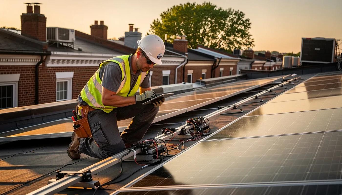 Solar panels on a DC row house rooftop requiring annual maintenance and cleaning