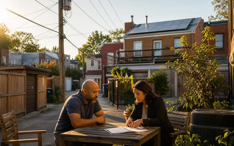 Washington, DC rooftop solar with homeowner reviewing a PPA and lease term sheet focusing on escalators, buyouts, and SREC ownership