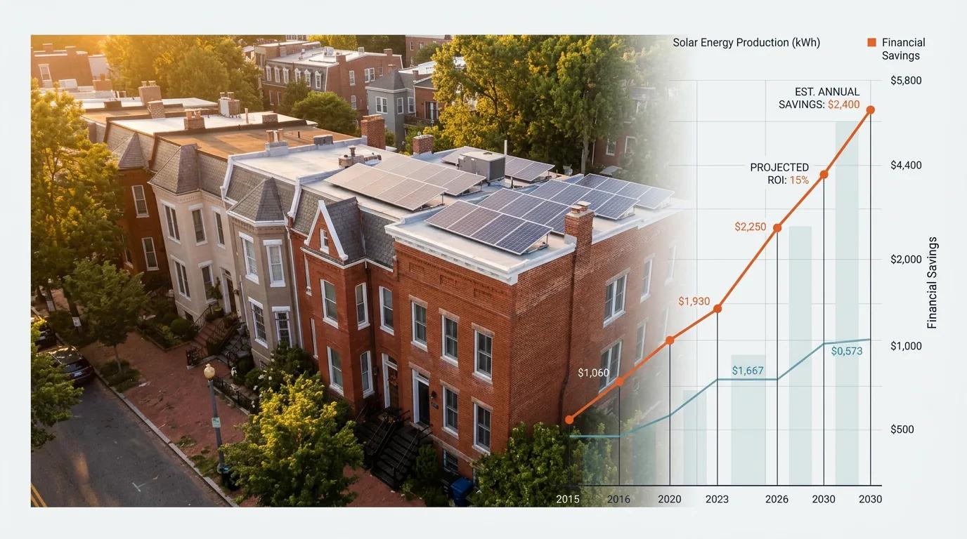 DC row house with solar panels showing comparison of lease, buy, and PPA financing options
