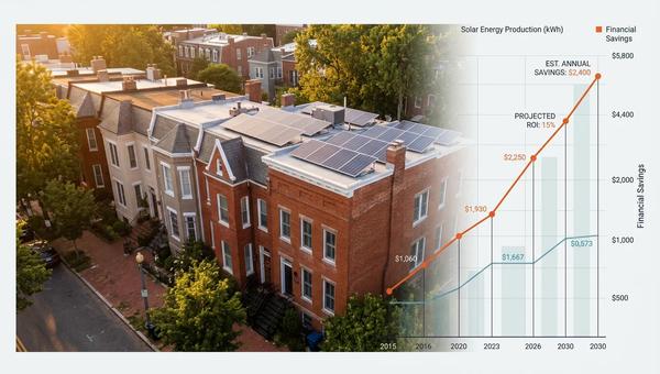 DC row house with solar panels showing comparison of lease, buy, and PPA financing options