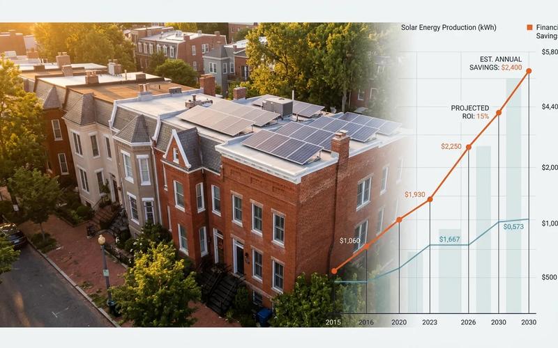 DC row house with solar panels showing comparison of lease, buy, and PPA financing options