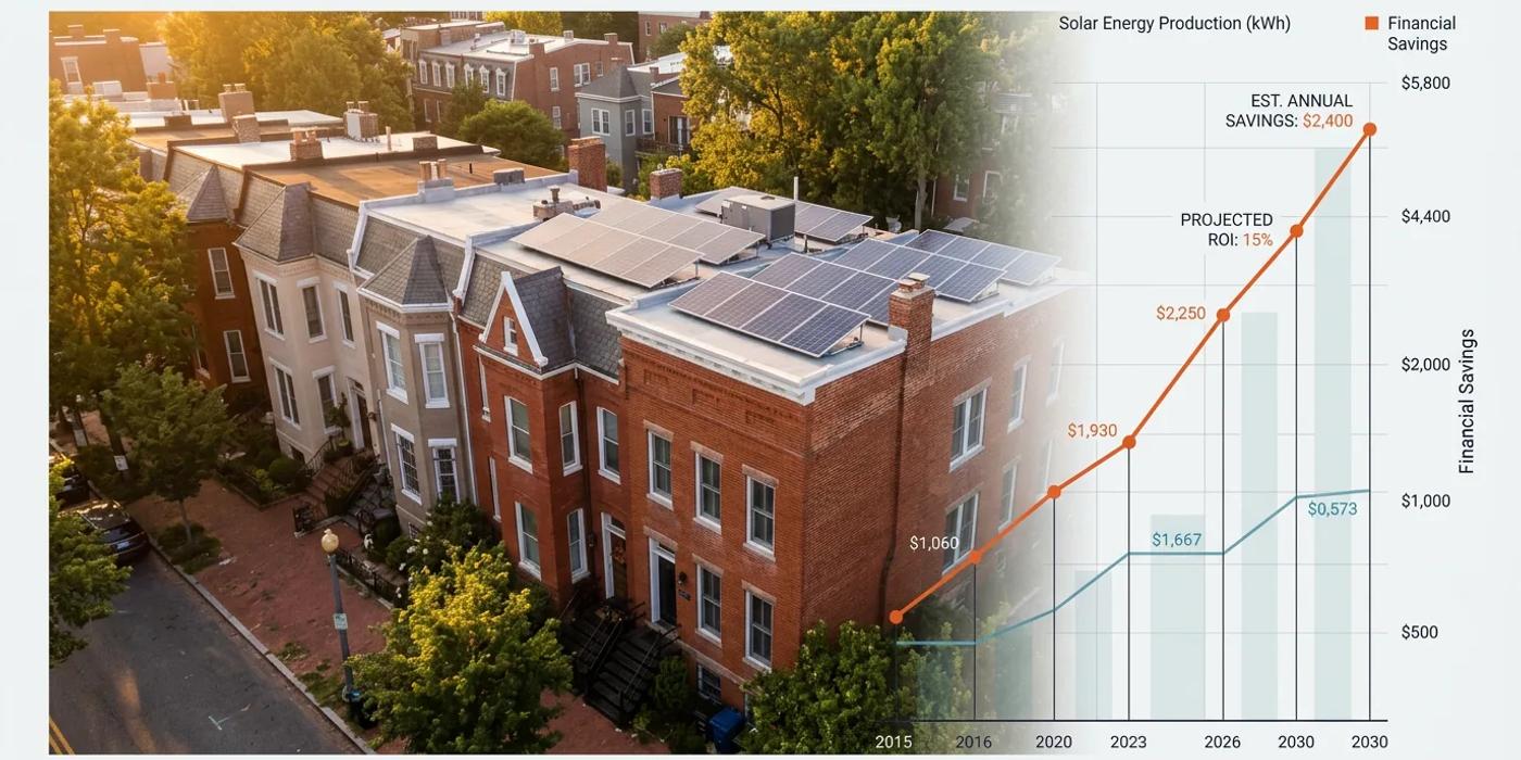 DC row house with solar panels showing comparison of lease, buy, and PPA financing options