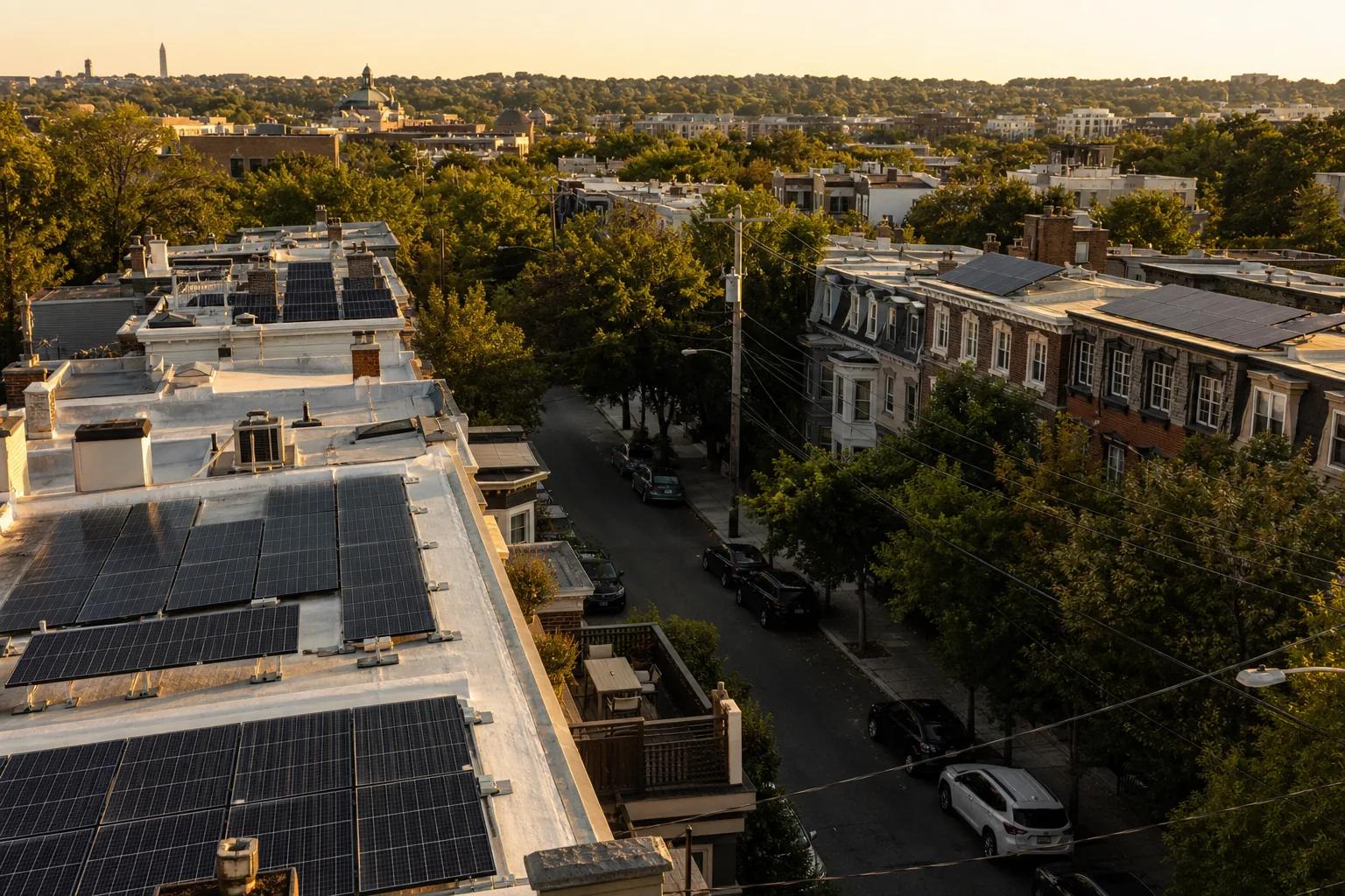 Rowhouse rooftops in Washington, DC with solar panels—Tesla solar roof alternative in 2026