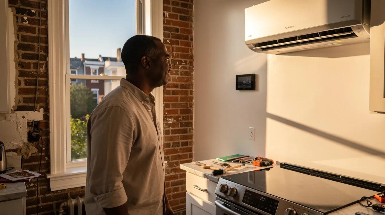 DC row house kitchen with induction stove and heat pump thermostat representing home electrification and appliance rebate upgrades