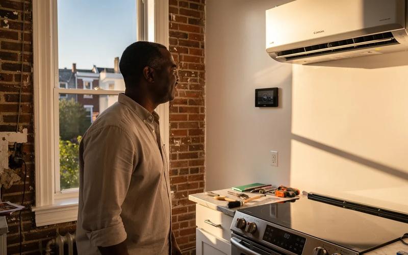 DC row house kitchen with induction stove and heat pump thermostat representing home electrification and appliance rebate upgrades
