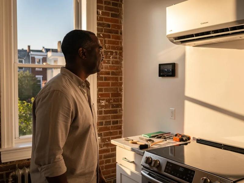 DC row house kitchen with induction stove and heat pump thermostat representing home electrification and appliance rebate upgrades