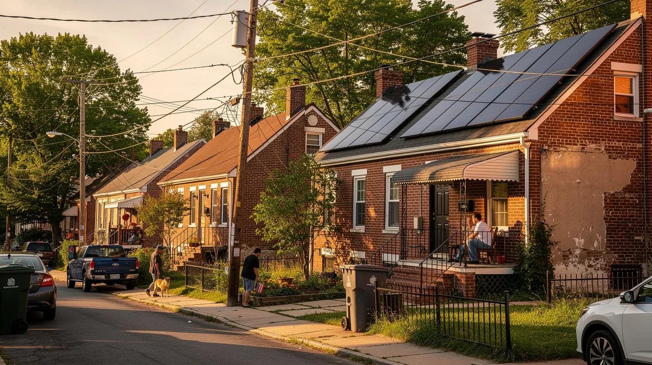 Solar panels on a DC row house roof with Pepco utility lines visible in the background, representing energy companies near me in Washington DC