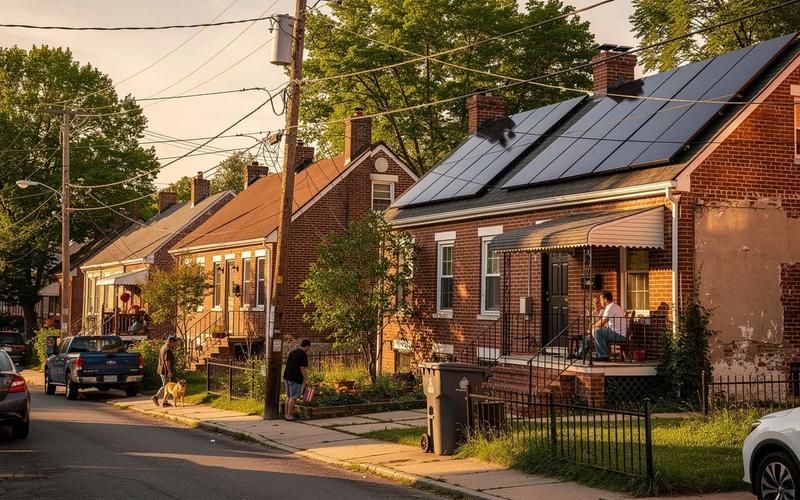 Solar panels on a DC row house roof with Pepco utility lines visible in the background, representing energy companies near me in Washington DC