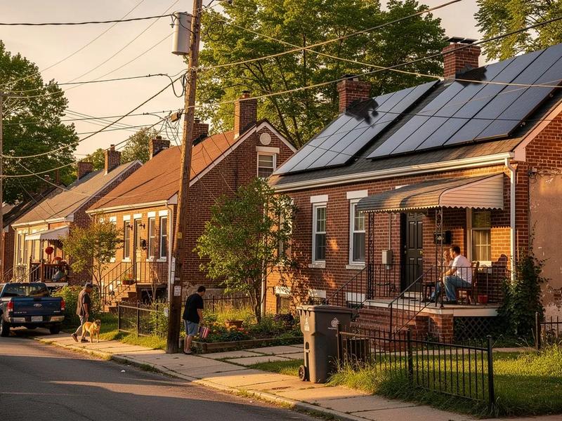 Solar panels on a DC row house roof with Pepco utility lines visible in the background, representing energy companies near me in Washington DC