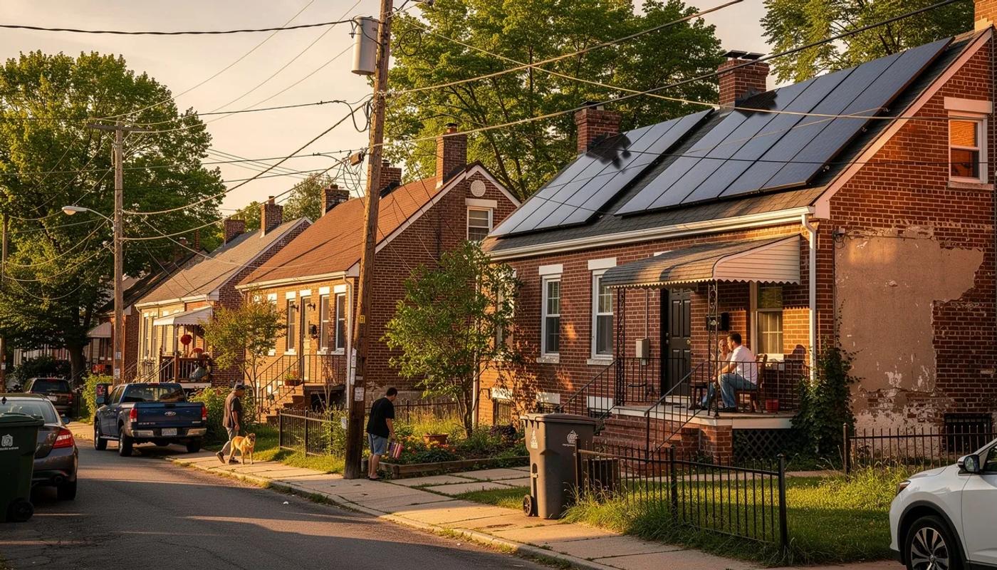Solar panels on a DC row house roof with Pepco utility lines visible in the background, representing energy companies near me in Washington DC