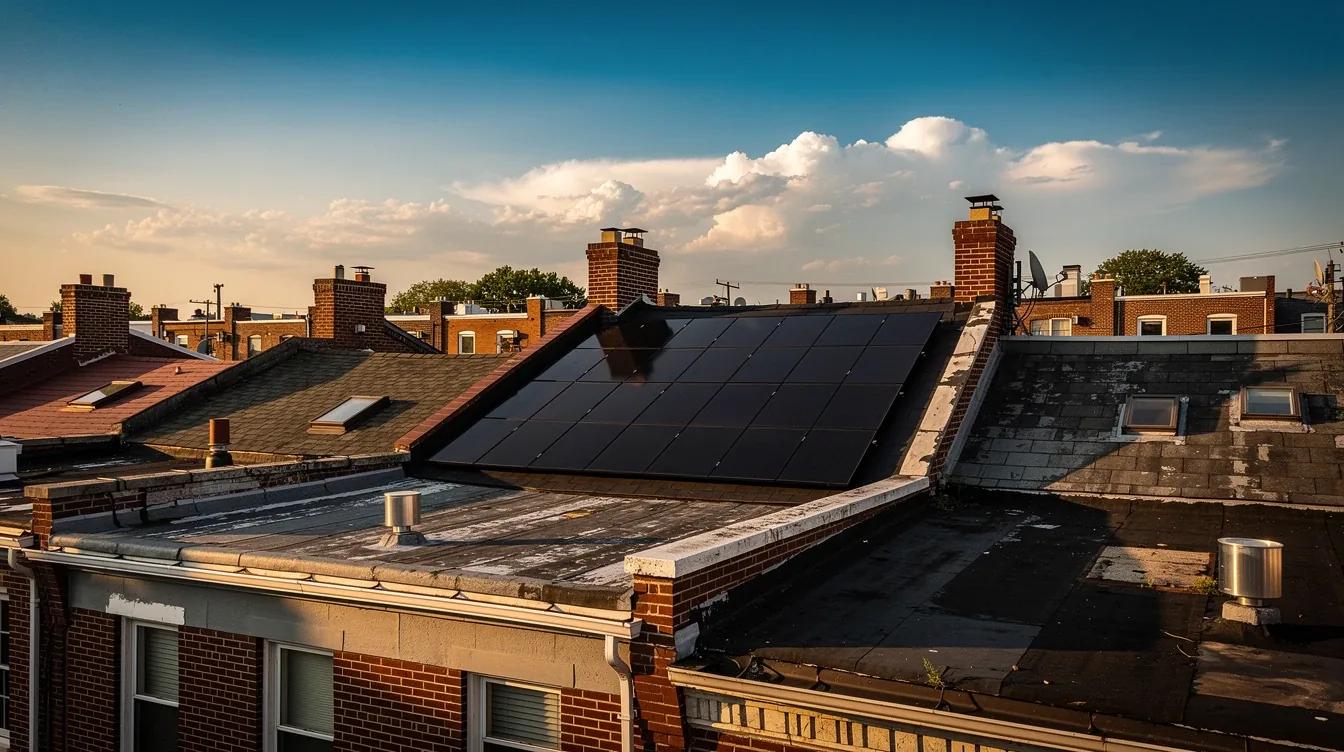 Solar panels installed on the rear slope of a Washington DC brick row house roof, viewed from a neighboring rooftop on a clear summer afternoon
