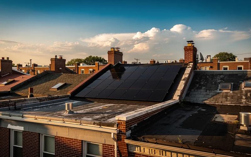 Solar panels installed on the rear slope of a Washington DC brick row house roof, viewed from a neighboring rooftop on a clear summer afternoon