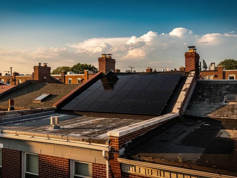 Solar panels installed on the rear slope of a Washington DC brick row house roof, viewed from a neighboring rooftop on a clear summer afternoon