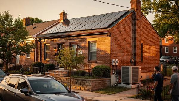 DC rowhouse with solar panels and heat pump outdoor unit showing home electrification rebates in action