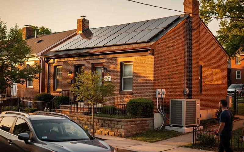 DC rowhouse with solar panels and heat pump outdoor unit showing home electrification rebates in action