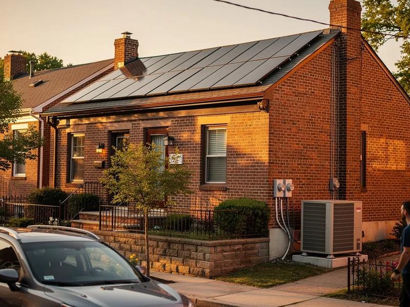 DC rowhouse with solar panels and heat pump outdoor unit showing home electrification rebates in action