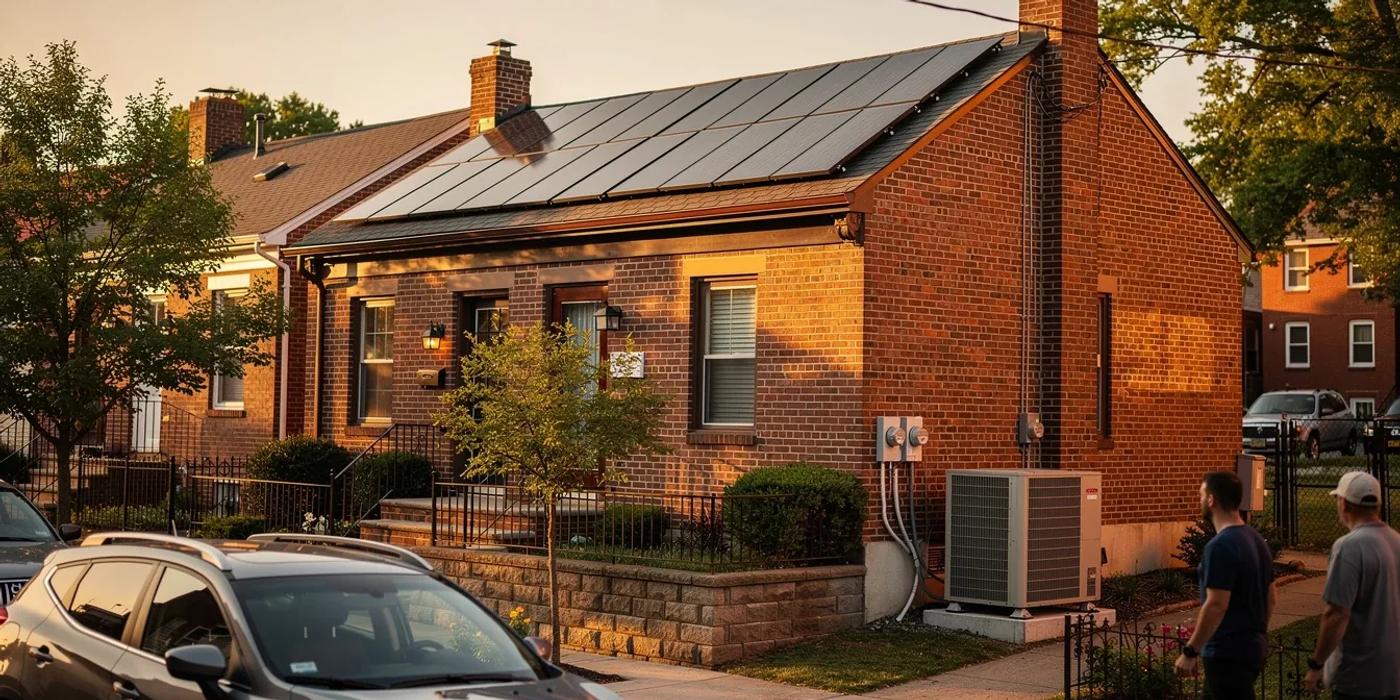DC rowhouse with solar panels and heat pump outdoor unit showing home electrification rebates in action