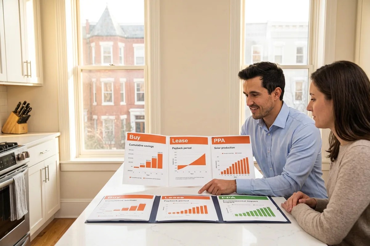 DC solar consultant explaining Buy, Lease, and PPA solar financing options to a homeowner at a kitchen table with proposal folders