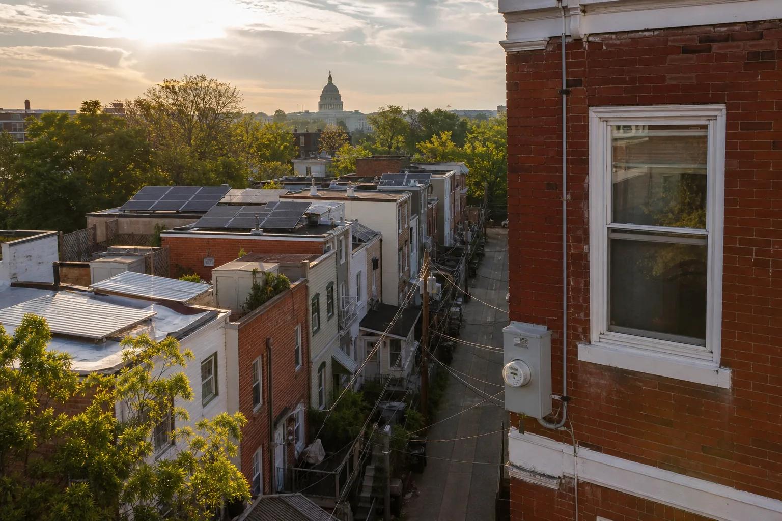 Washington, DC rowhouse rooftops with solar panels visible, illustrating how to choose the best solar installer in DC